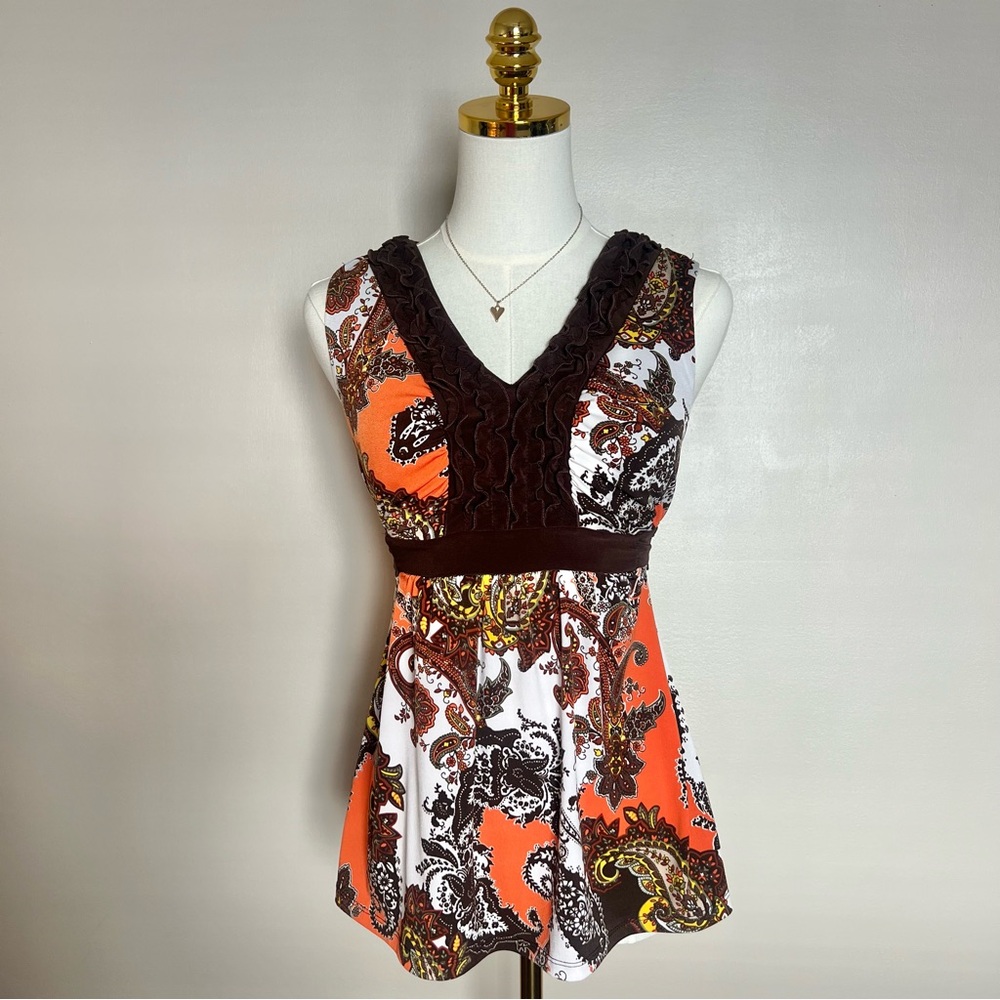 CATO Y2K‎ Paisley Boho Babydoll Tank Top Small Orange Brown Ruffle V-Neck